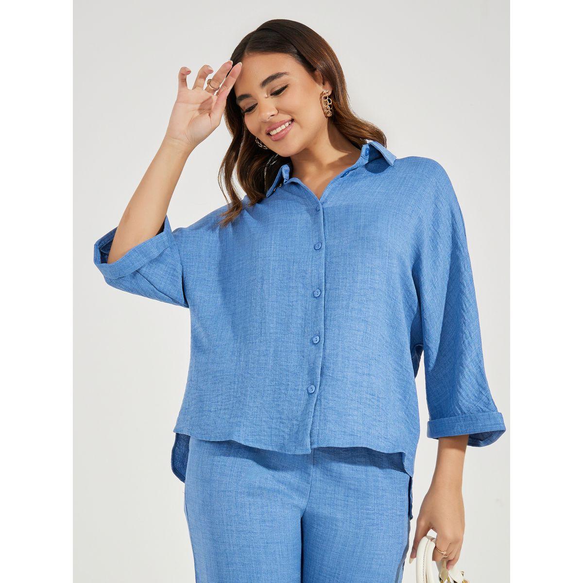Styli Solid Relaxed Fit Shirt with Turn-Up Sleeves-women-clothing-shirtsandblouses-shirts-image-1