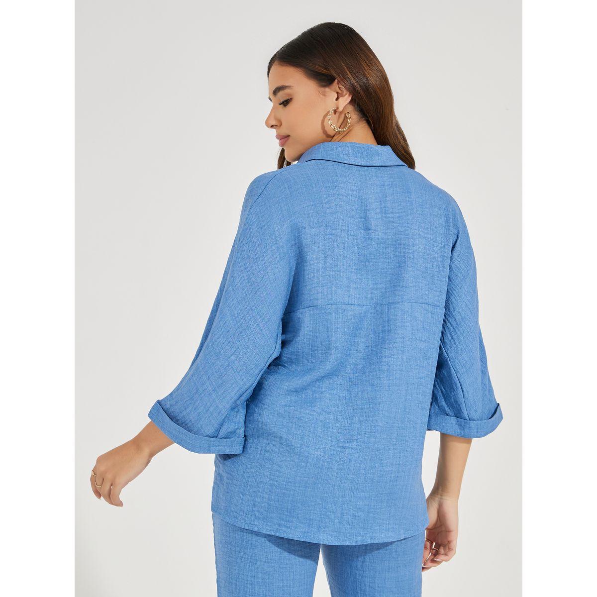 Styli Solid Relaxed Fit Shirt with Turn-Up Sleeves-women-clothing-shirtsandblouses-shirts-image-4