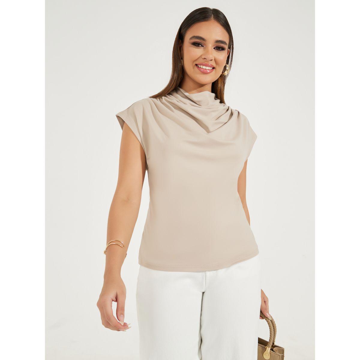 Styli Solid Cowl Neck Cap Sleeves Top-women-clothing-shirtsandblouses-blouses-image-1