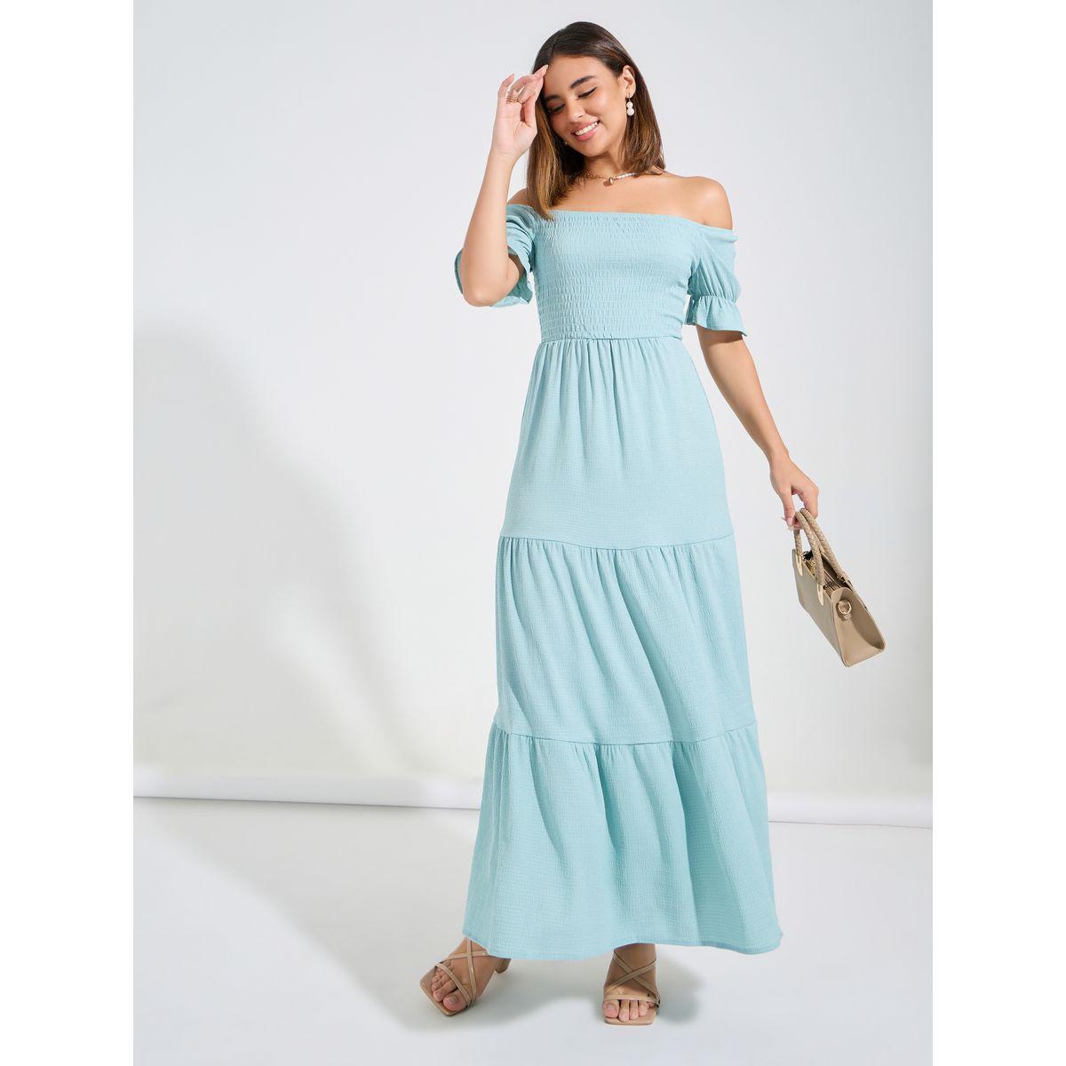 Styli Elevate Smocked Solid Off-Shoulder Tiered Maxi Dress-women-clothing-dresses-image-1