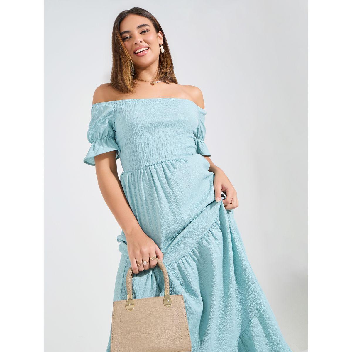 فستان طويل سادة بكسرات مع اكتاف مكشوفة-women-clothing-dresses-image-2