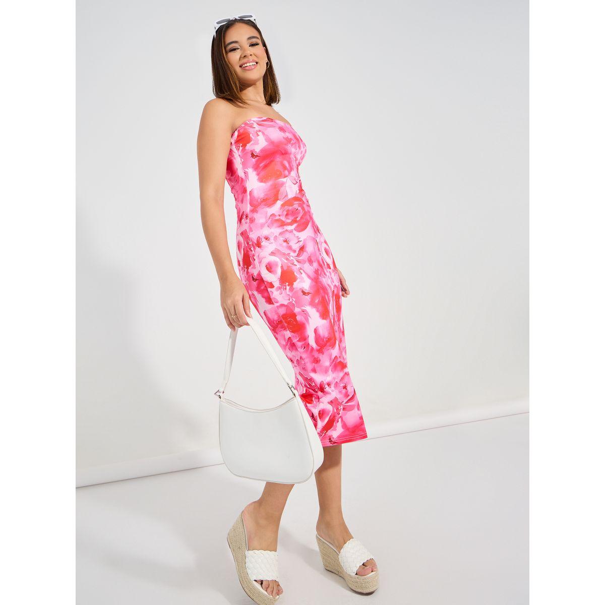 فستان ميدي بديكون مطبع بطبعة زهور-women-clothing-dresses-image-1