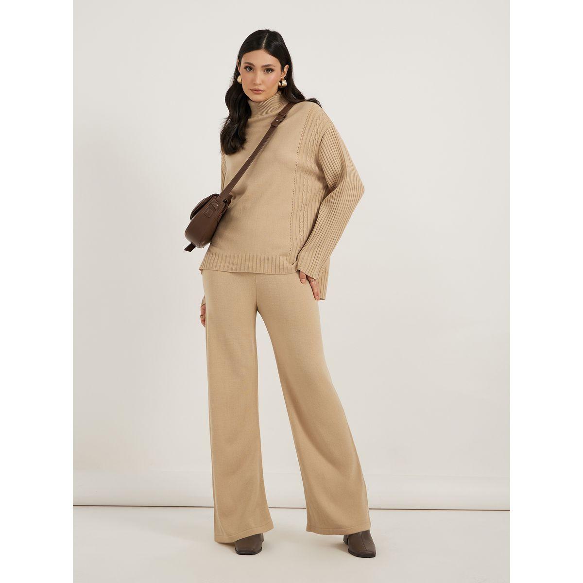 Styli Cable Knit Panelled Sweater and Wide Leg Pants Co-Ords-women-clothing-coordsets-image-1