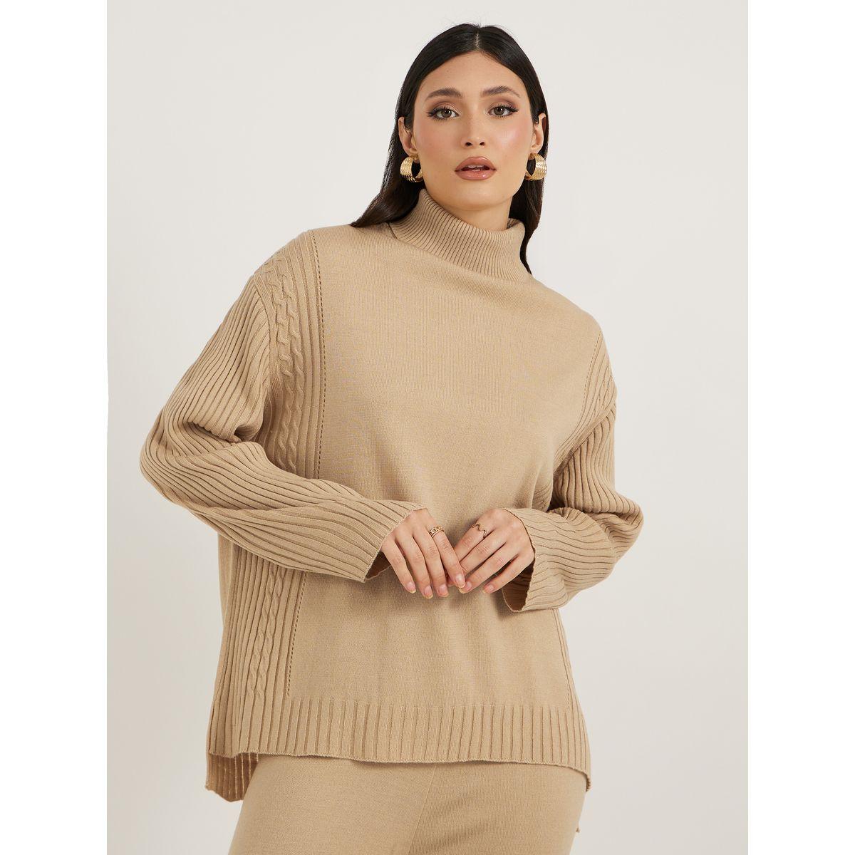 Styli Cable Knit Panelled Sweater and Wide Leg Pants Co-Ords-women-clothing-coordsets-image-2