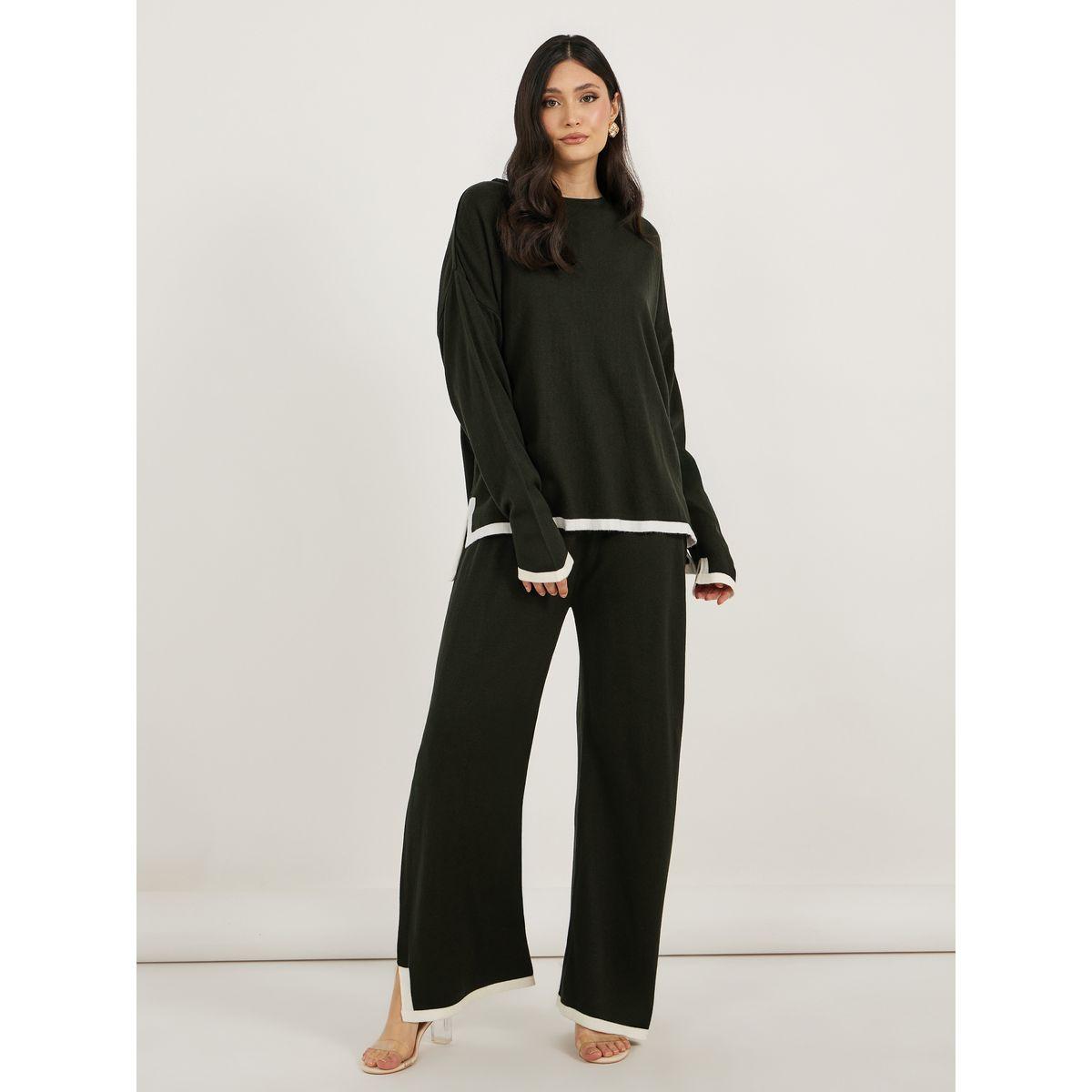 طقم منسق من بنطال واسع مع سويتر محبوك-women-clothing-coordsets-image-1