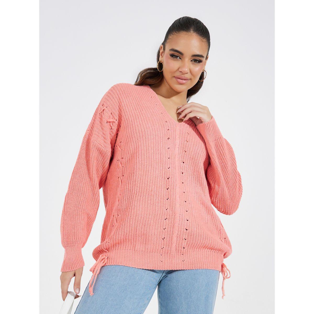 Styli Solid V Neck Sweater with Back Tie Detail-women-clothing-cardigansandjumpers-jumpers-image-1
