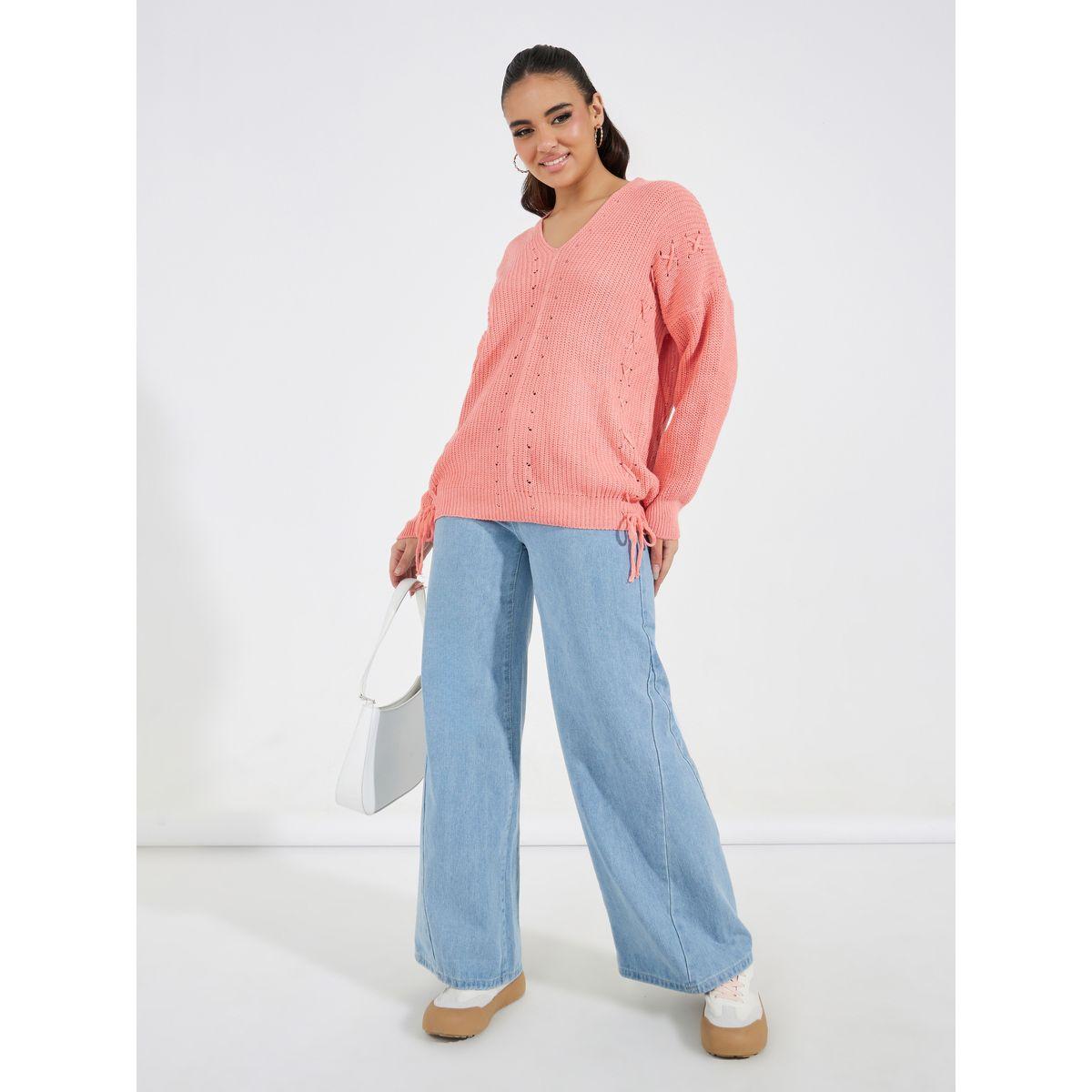 Styli Solid V Neck Sweater with Back Tie Detail-women-clothing-cardigansandjumpers-jumpers-image-2