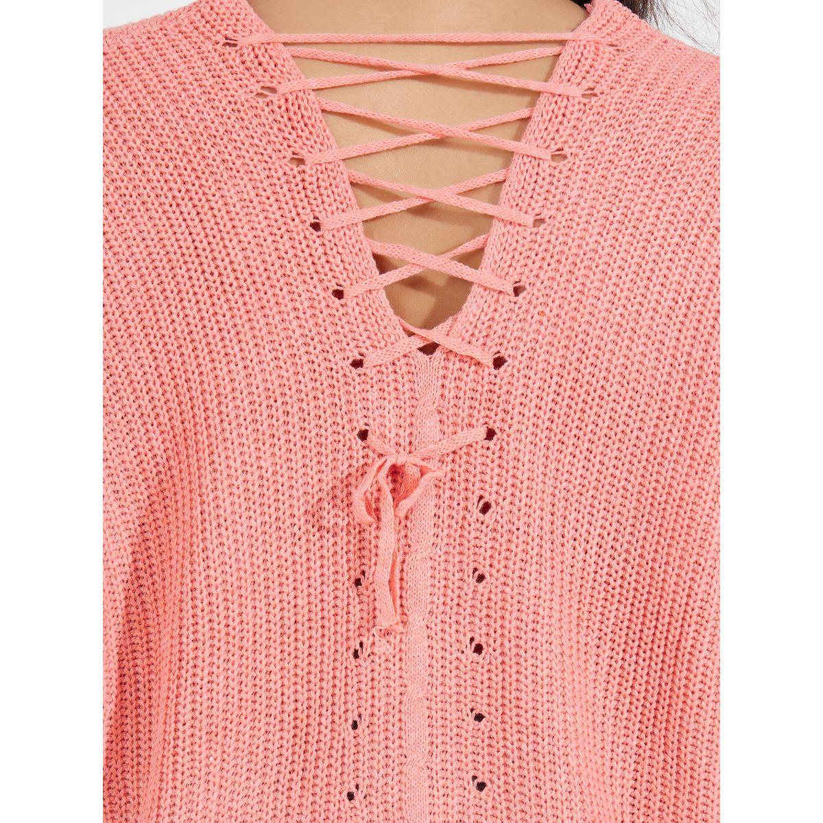 Styli Solid V Neck Sweater with Back Tie Detail-women-clothing-cardigansandjumpers-jumpers-image-3