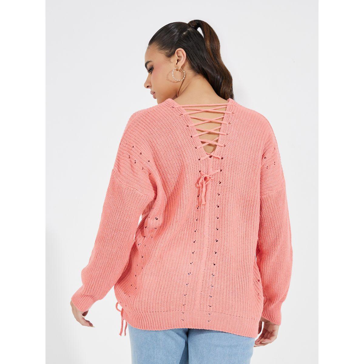 Styli Solid V Neck Sweater with Back Tie Detail-women-clothing-cardigansandjumpers-jumpers-image-4