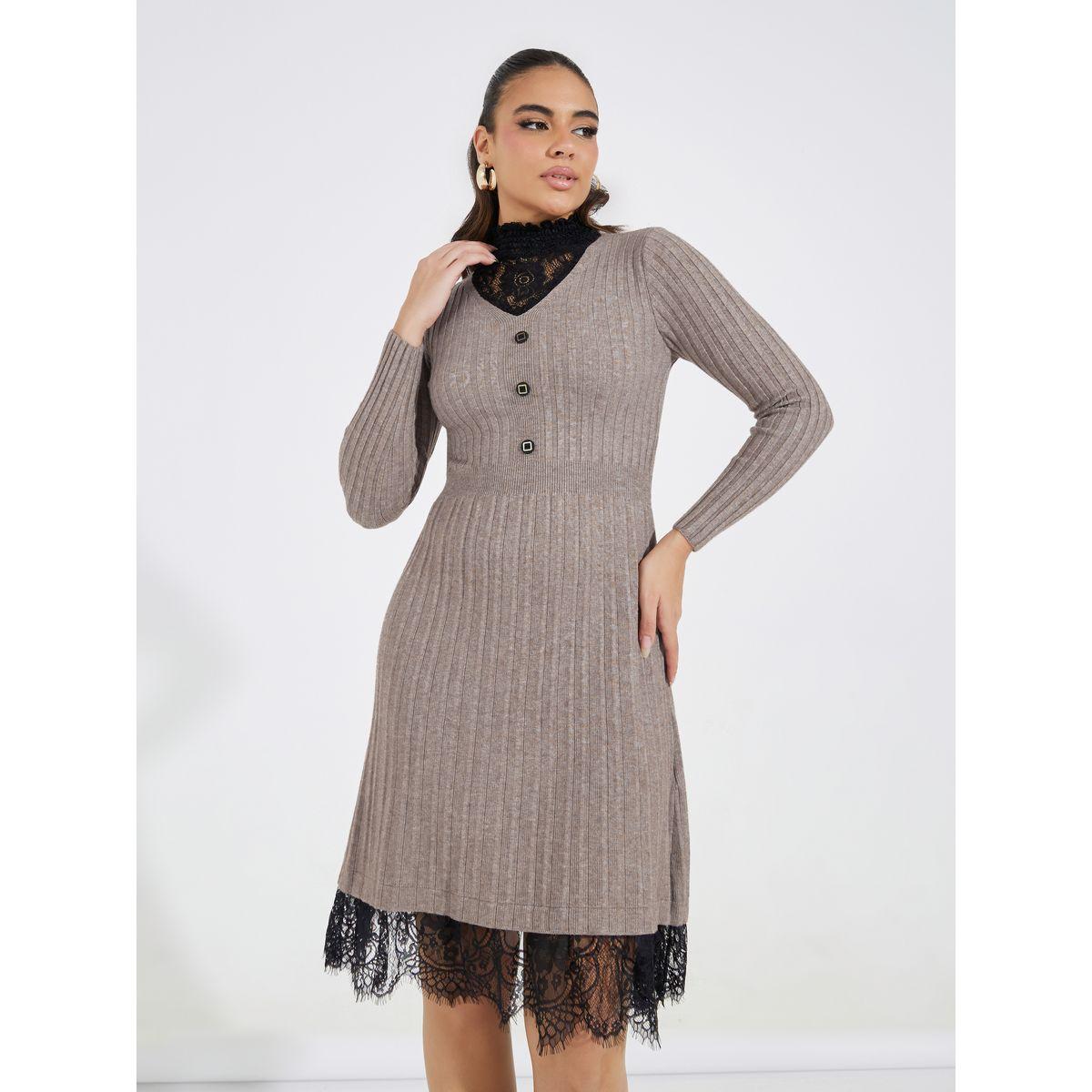 Styli Lace Contrast Knee-Length Sweater Dress-women-clothing-dresses-image-2