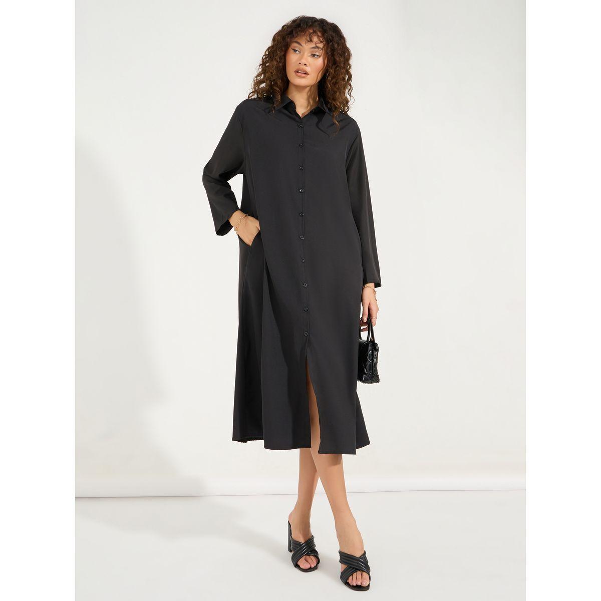 Styli Solid Button Down Shirt Midi Dress-women-clothing-dresses-image-1
