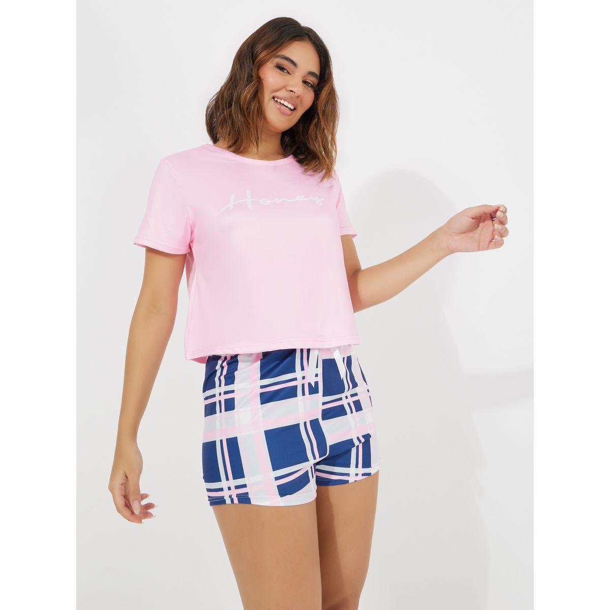 Styli Unwind Slogan Print T-Shirt & Check Print Short Set-women-clothing-nightwear-pyjamas-shortsets-image-2