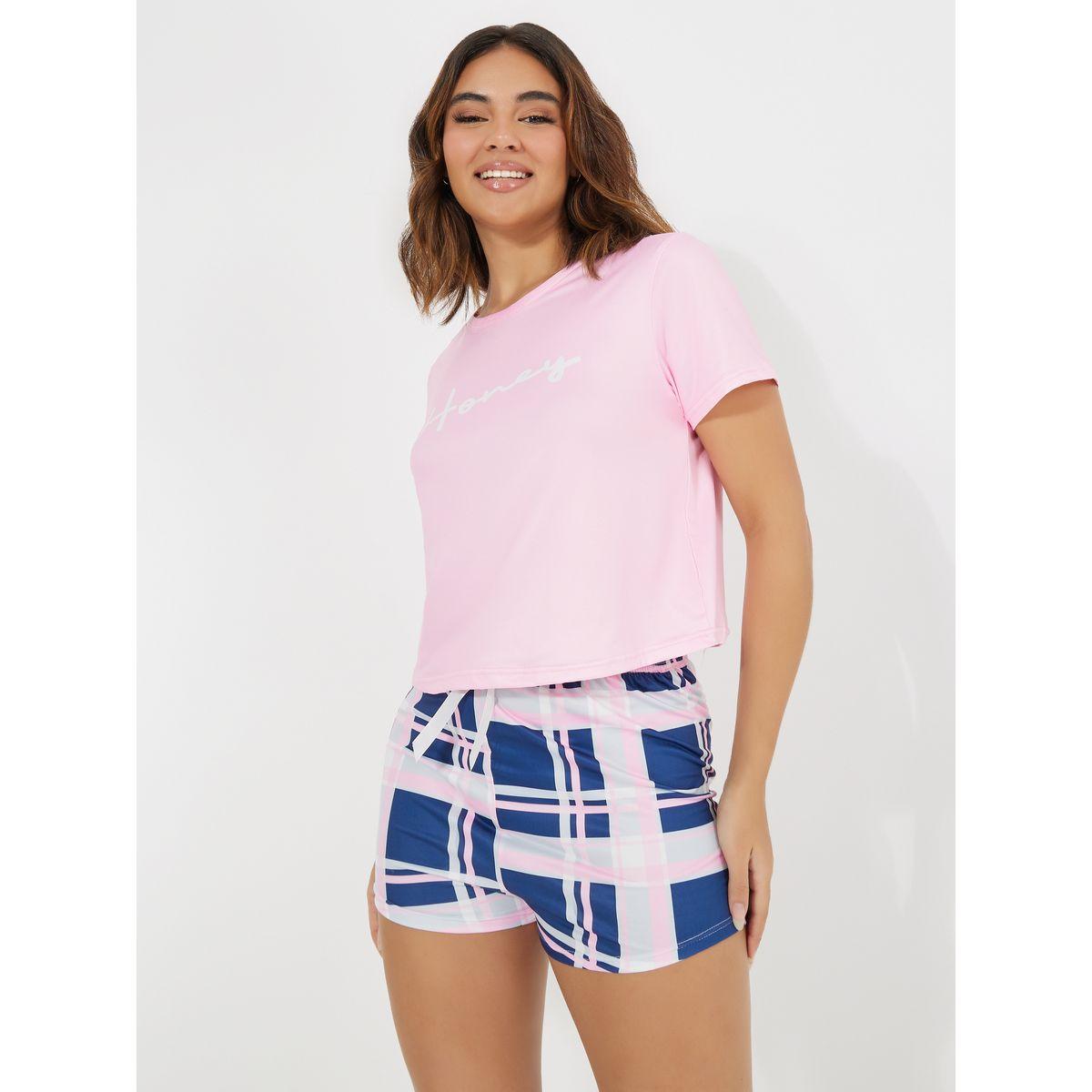 Styli Unwind Slogan Print T-Shirt & Check Print Short Set-women-clothing-nightwear-pyjamas-shortsets-image-3