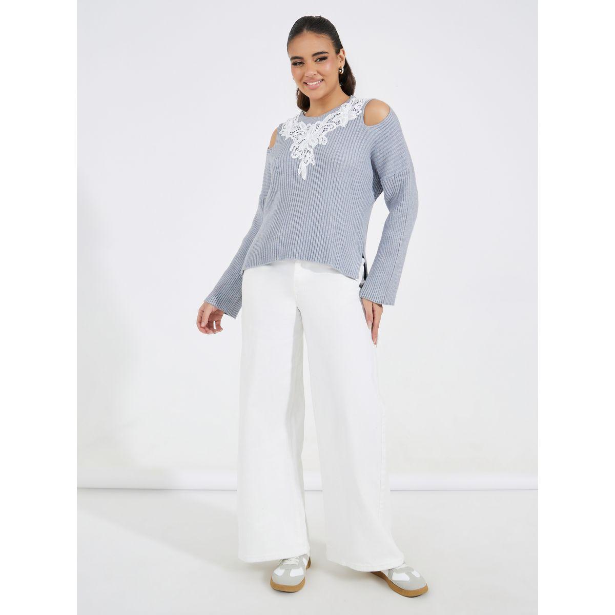 Styli Regular Fit Lace Contrast Sweater with Shoulder Cut-Out-women-clothing-cardigansandjumpers-jumpers-image-1