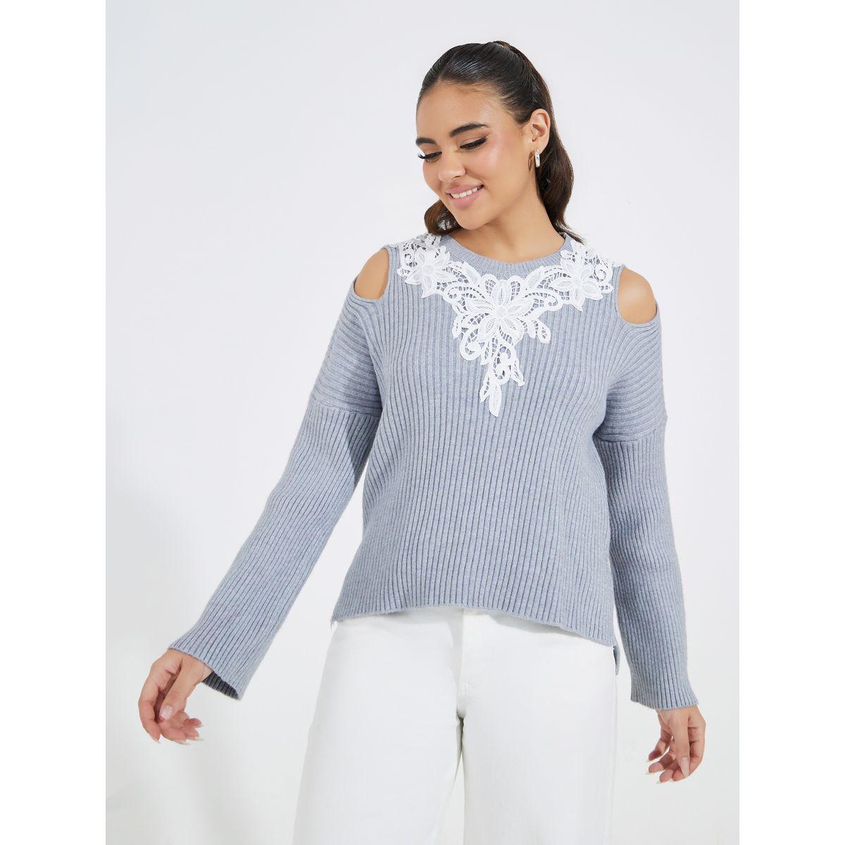 Styli Regular Fit Lace Contrast Sweater with Shoulder Cut-Out-women-clothing-cardigansandjumpers-jumpers-image-4