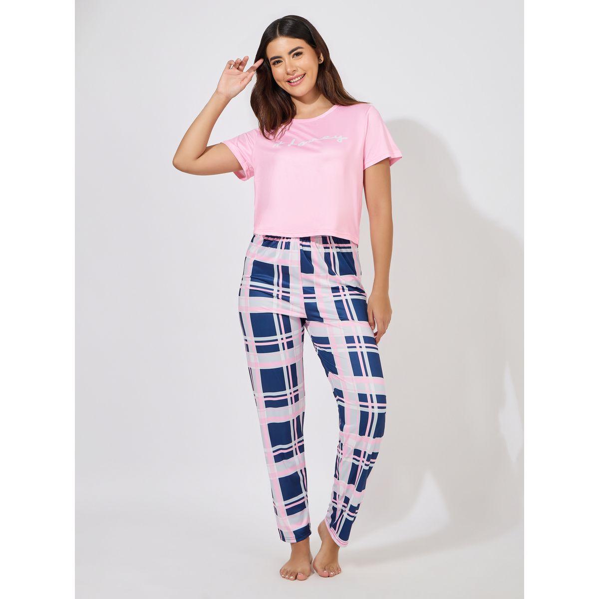 Styli Unwind Slogan Print T-Shirt & Check Print Pyjama Set-women-clothing-nightwear-pyjamas-longsets-image-2