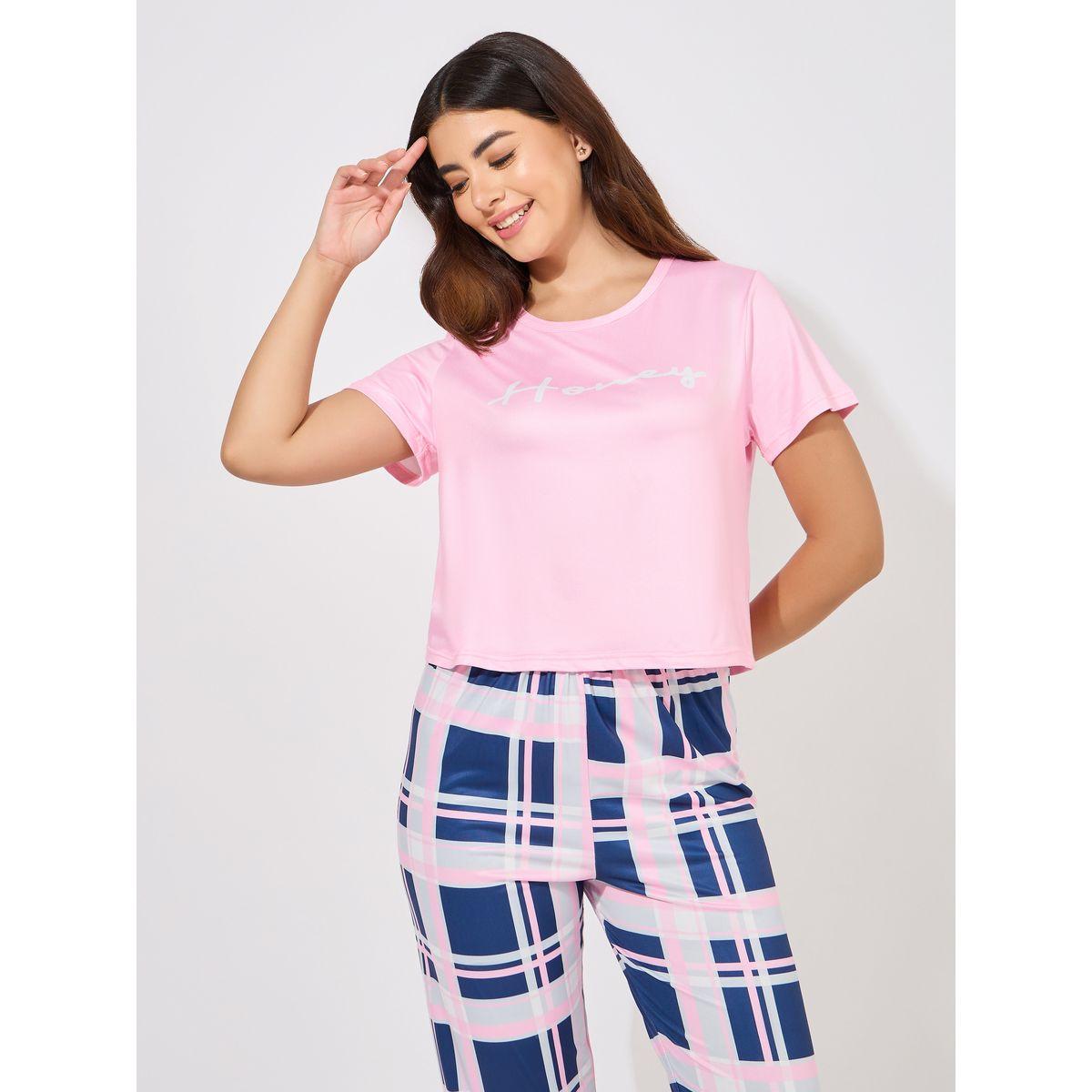 Styli Unwind Slogan Print T-Shirt & Check Print Pyjama Set-women-clothing-nightwear-pyjamas-longsets-image-3