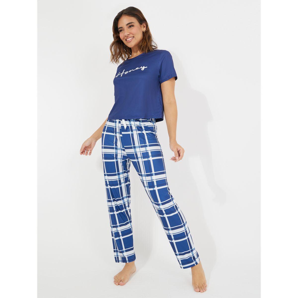 Styli Unwind Slogan Print T-Shirt & Check Print Pyjama Set-women-clothing-nightwear-pyjamas-longsets-image-1