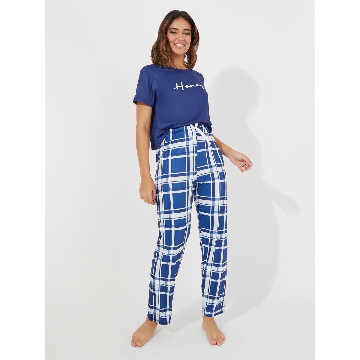Styli Unwind Slogan Print T-Shirt & Check Print Pyjama Set-women-clothing-nightwear-pyjamas-longsets-image-2