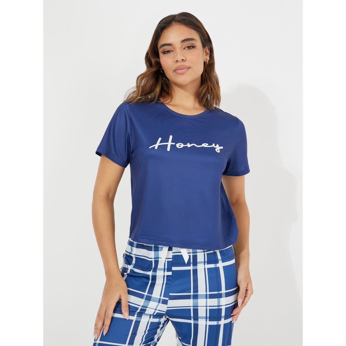 Styli Unwind Slogan Print T-Shirt & Check Print Pyjama Set-women-clothing-nightwear-pyjamas-longsets-image-3