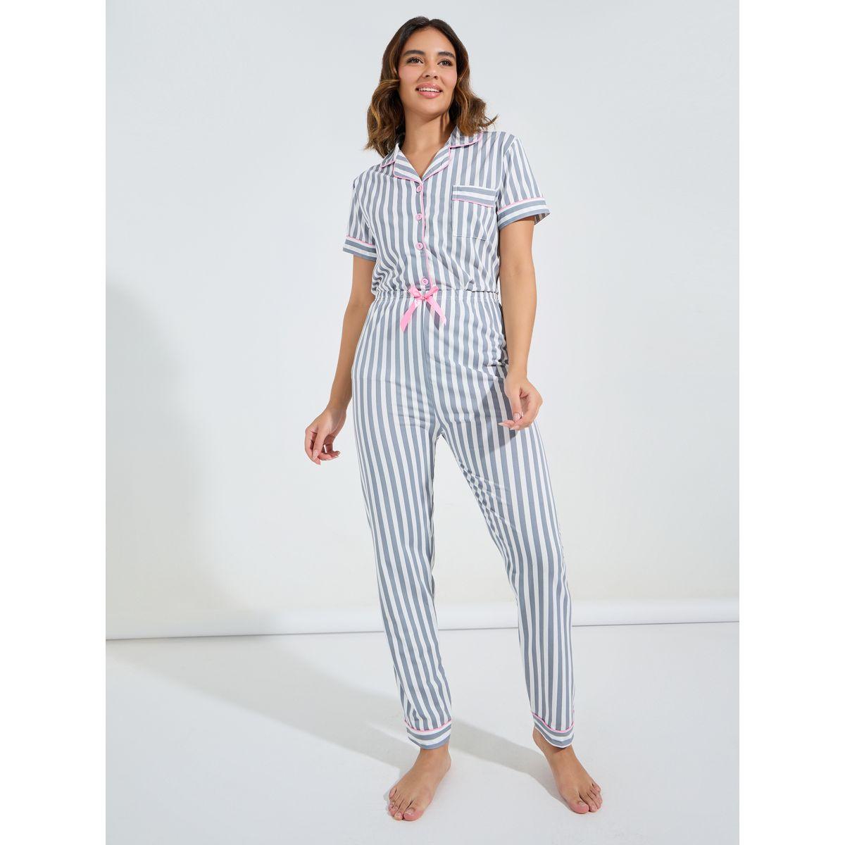 Styli Unwind AOP Striped Contrast Piping Shirt & Pyjama Set-women-clothing-nightwear-pyjamas-longsets-image-1