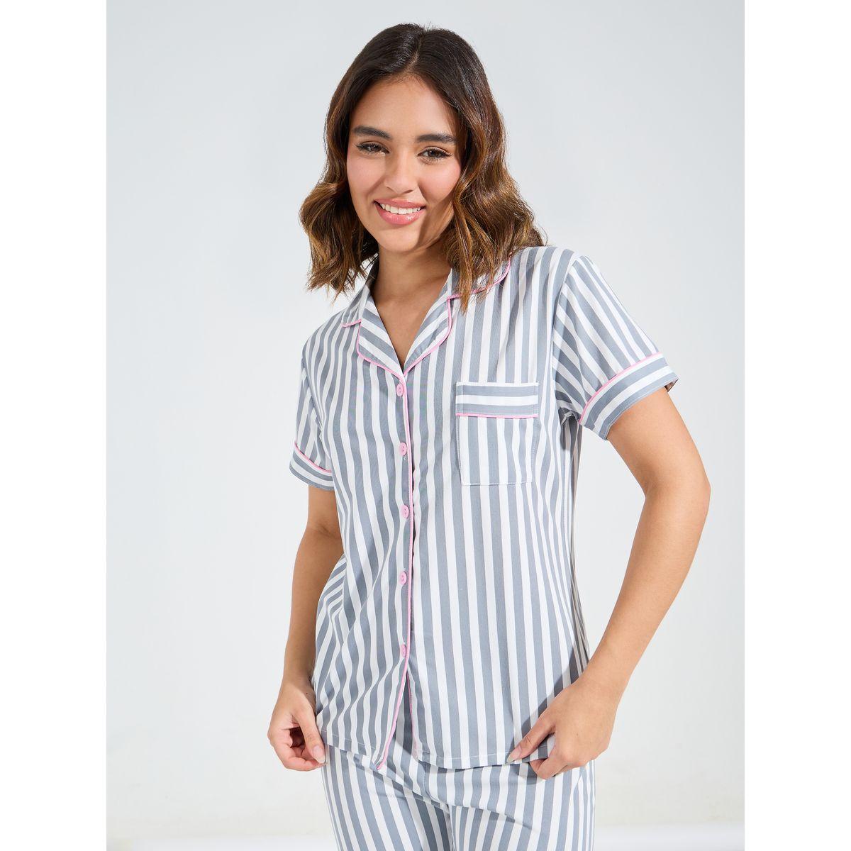 Styli Unwind AOP Striped Contrast Piping Shirt & Pyjama Set-women-clothing-nightwear-pyjamas-longsets-image-2
