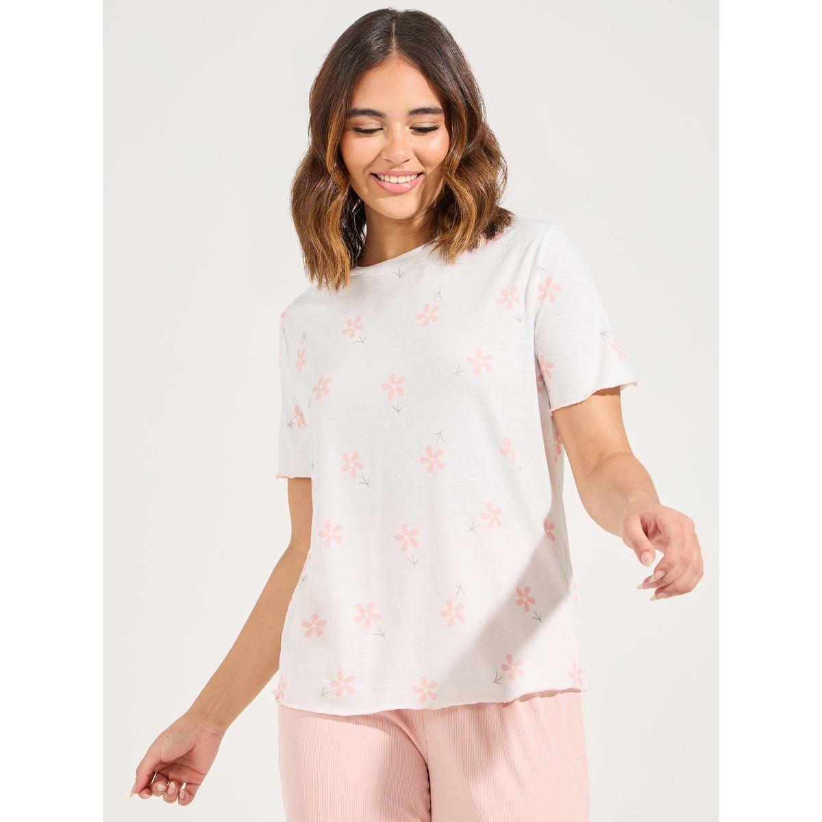 Styli Unwind Floral Print Dropped Shoulder T-Shirt & Ribbed Pyjama Set-women-clothing-nightwear-pyjamas-longsets-image-2