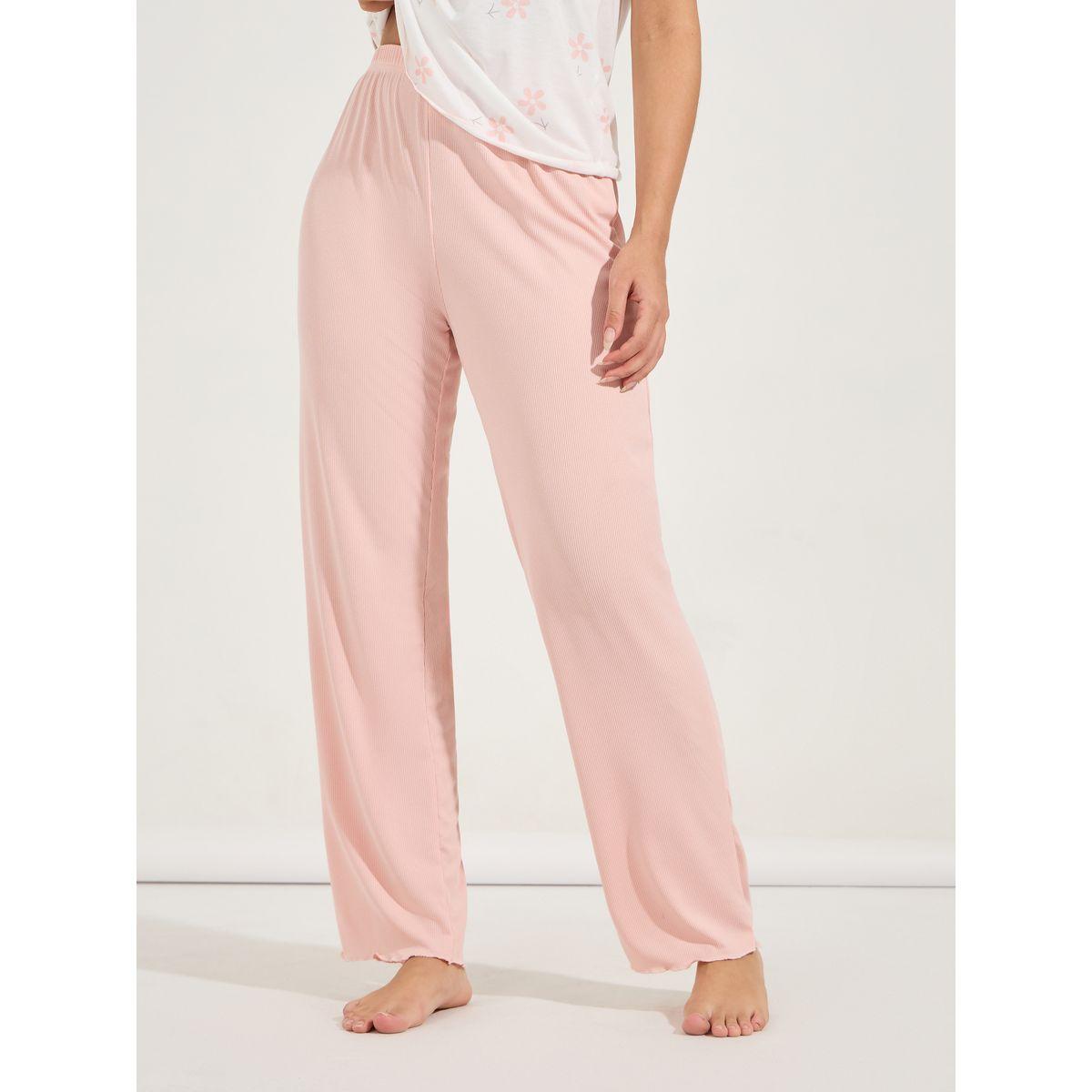 طقم من بنطال بيجاما مضلع مع تيشيرت مطبع بزهور-women-clothing-nightwear-pyjamas-longsets-image-4
