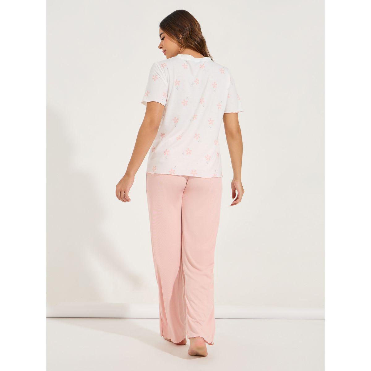 طقم من بنطال بيجاما مضلع مع تيشيرت مطبع بزهور-women-clothing-nightwear-pyjamas-longsets-image-5