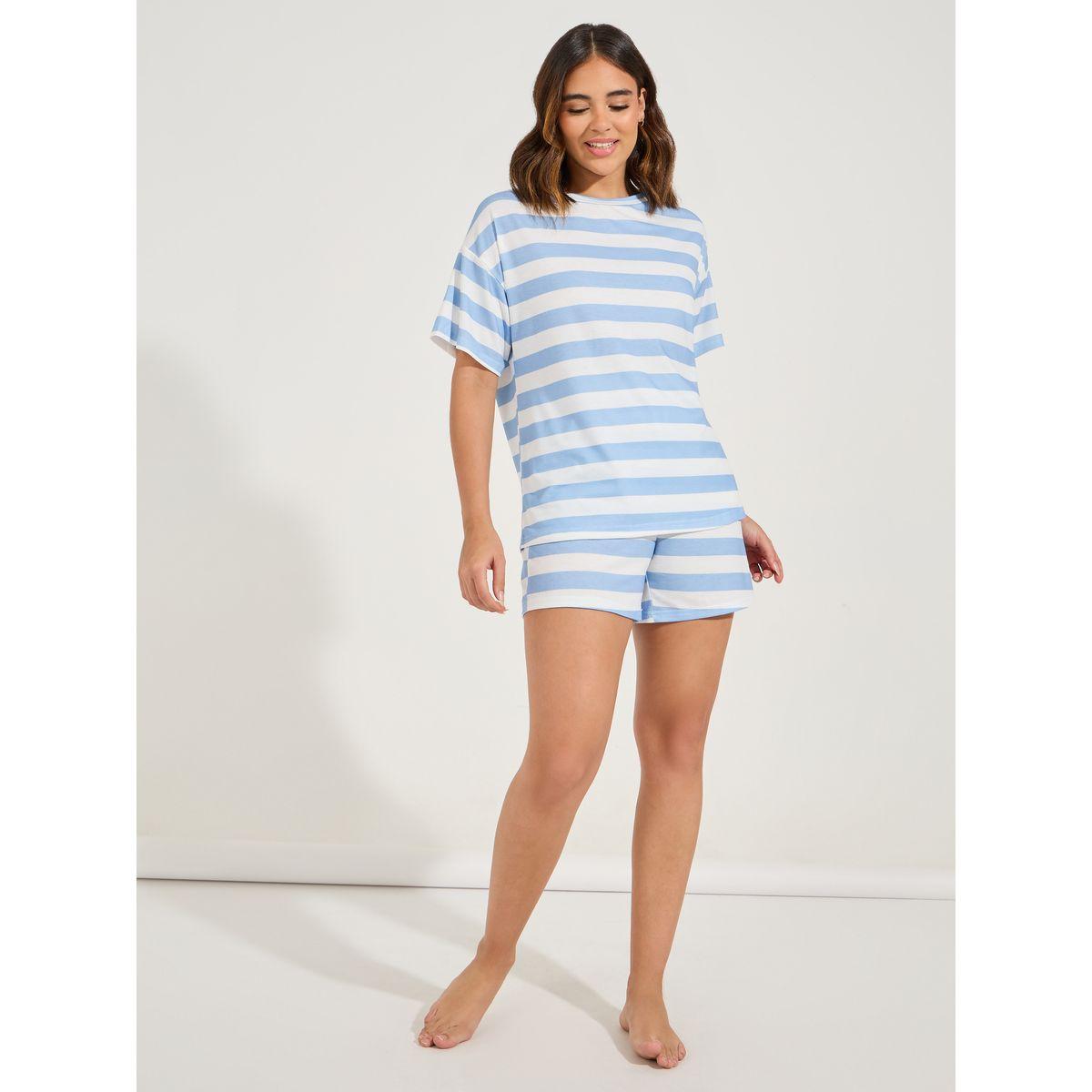 مجموعة من شورت مع تيشيرت مخطط باكتاف منخفضة-women-clothing-nightwear-pyjamas-shortsets-image-1