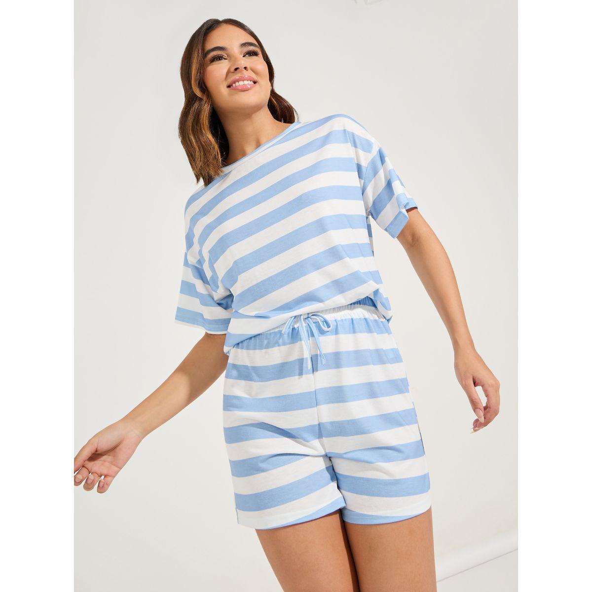 Styli Unwind Striped Dropped Shoulder T-Shirt & Short Set-women-clothing-nightwear-pyjamas-shortsets-image-2