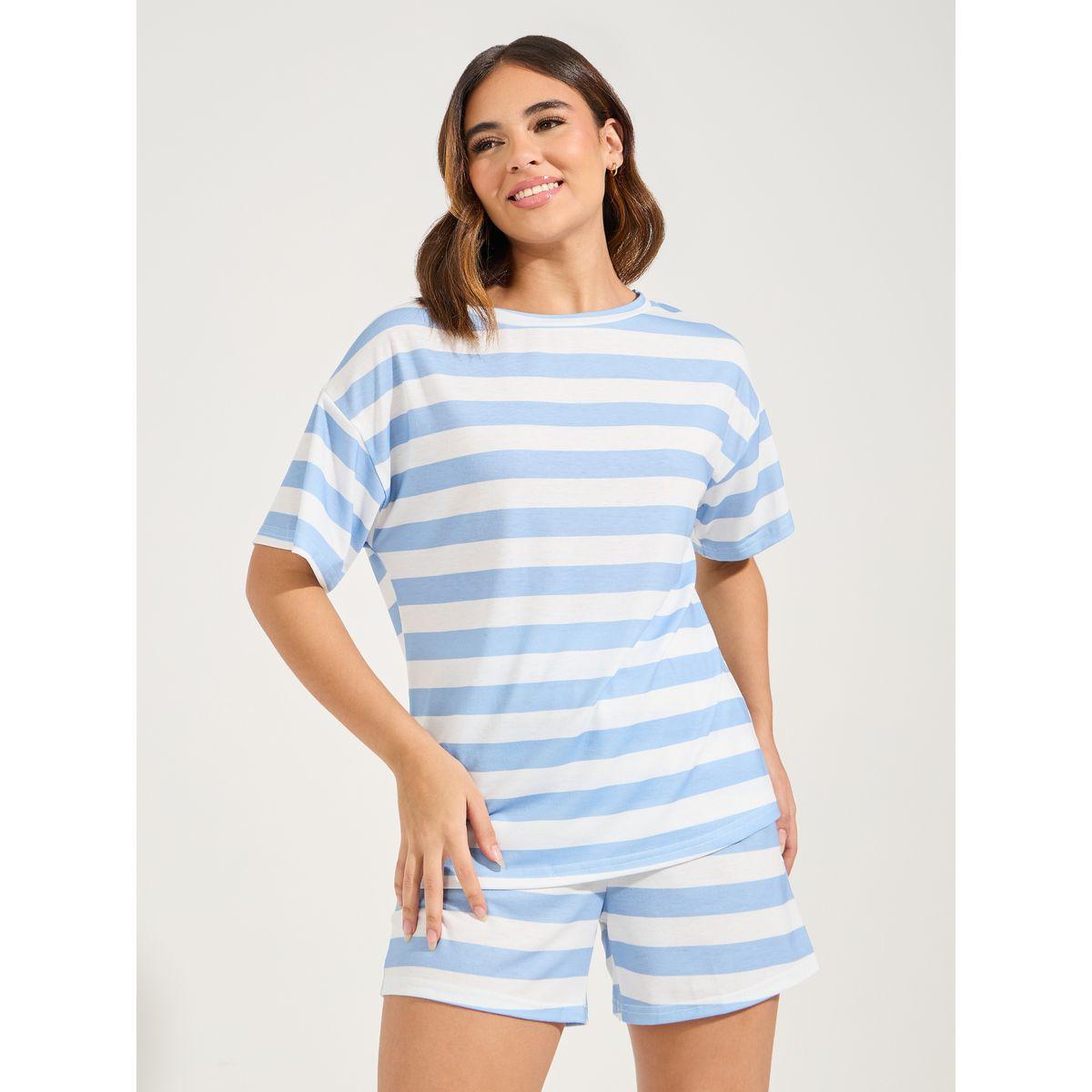 Styli Unwind Striped Dropped Shoulder T-Shirt & Short Set-women-clothing-nightwear-pyjamas-shortsets-image-3