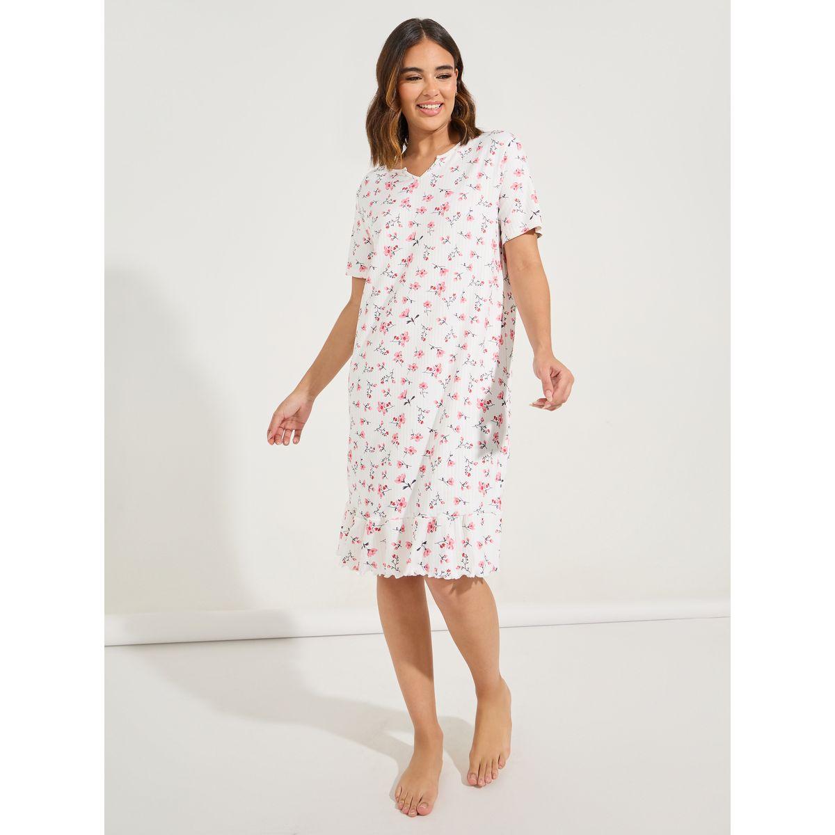 Styli Unwind Floral Print Notch Neck Ruffled Hem Knee Length Night Dress-women-clothing-nightwear-nighties-image-1