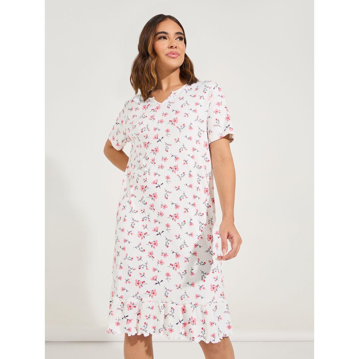 Styli Unwind Floral Print Notch Neck Ruffled Hem Knee Length Night Dress-women-clothing-nightwear-nighties-image-2