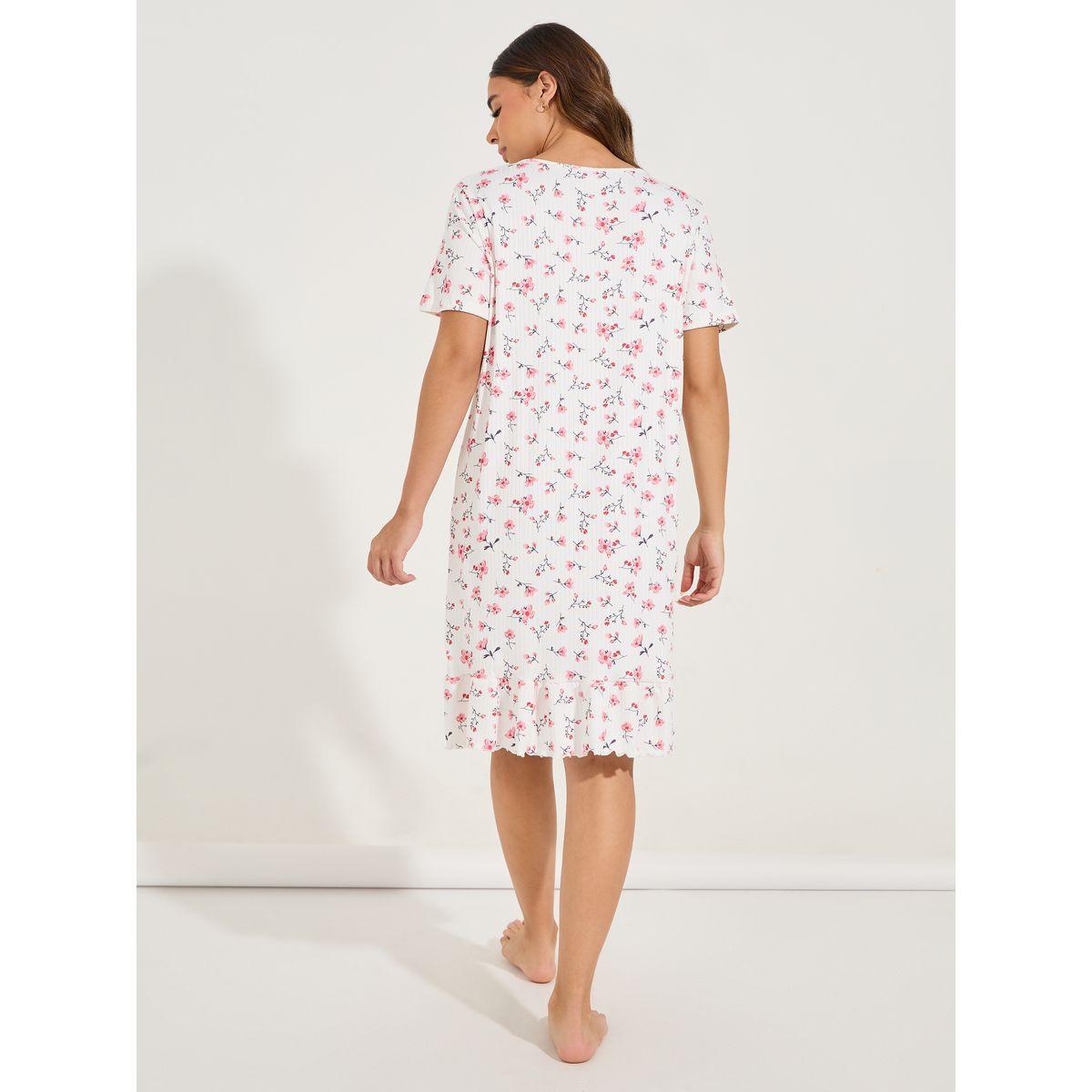 Styli Unwind Floral Print Notch Neck Ruffled Hem Knee Length Night Dress-women-clothing-nightwear-nighties-image-4
