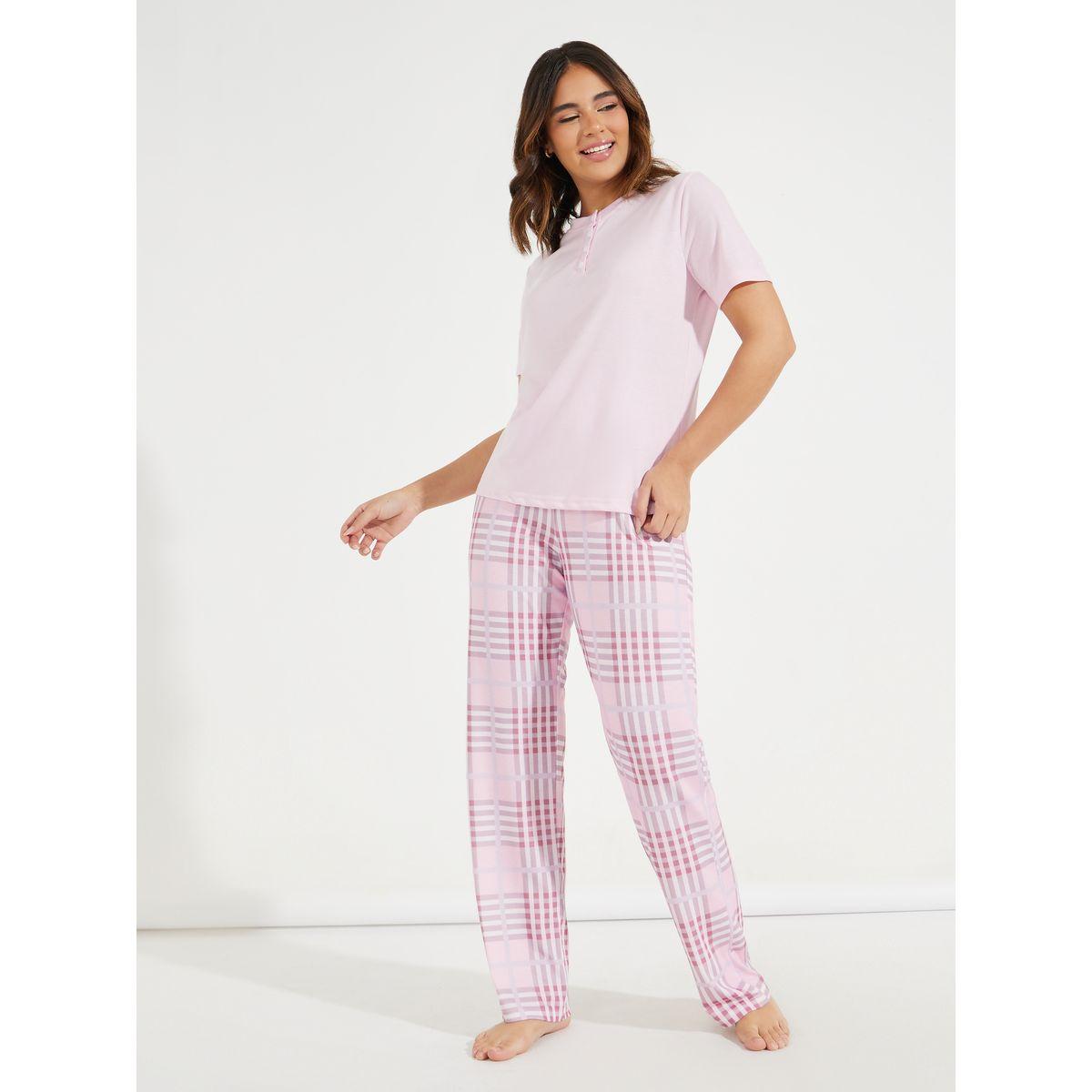 Styli Unwind Solid Placket T-Shirt & Pastel Check Pyjama Set-women-clothing-nightwear-pyjamas-longsets-image-1