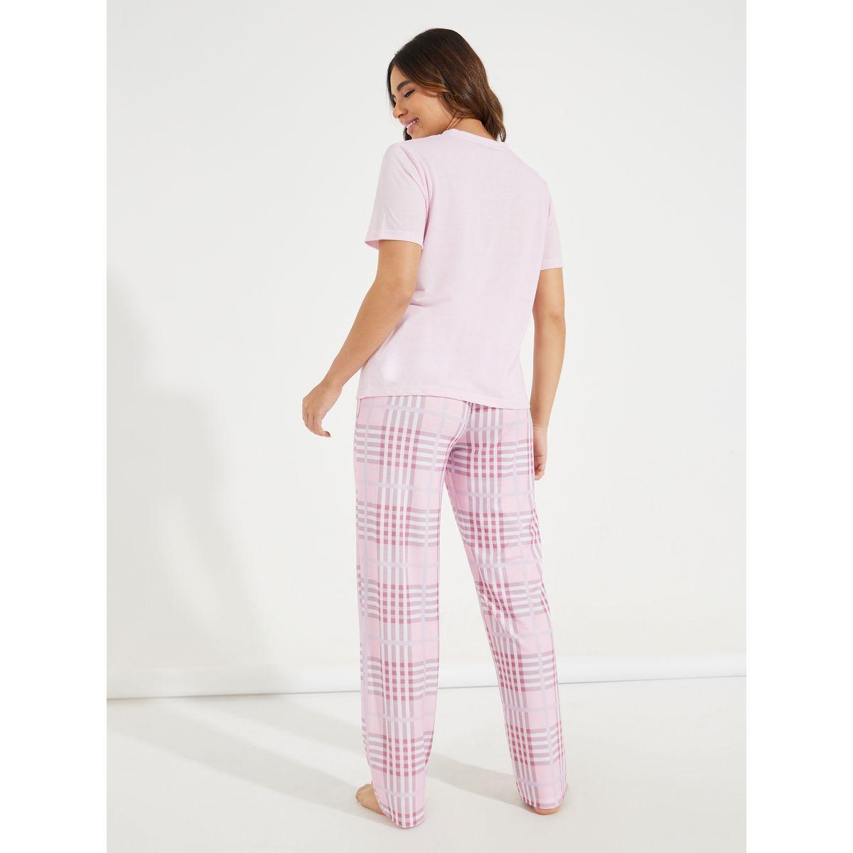 Styli Unwind Solid Placket T-Shirt & Pastel Check Pyjama Set-women-clothing-nightwear-pyjamas-longsets-image-4