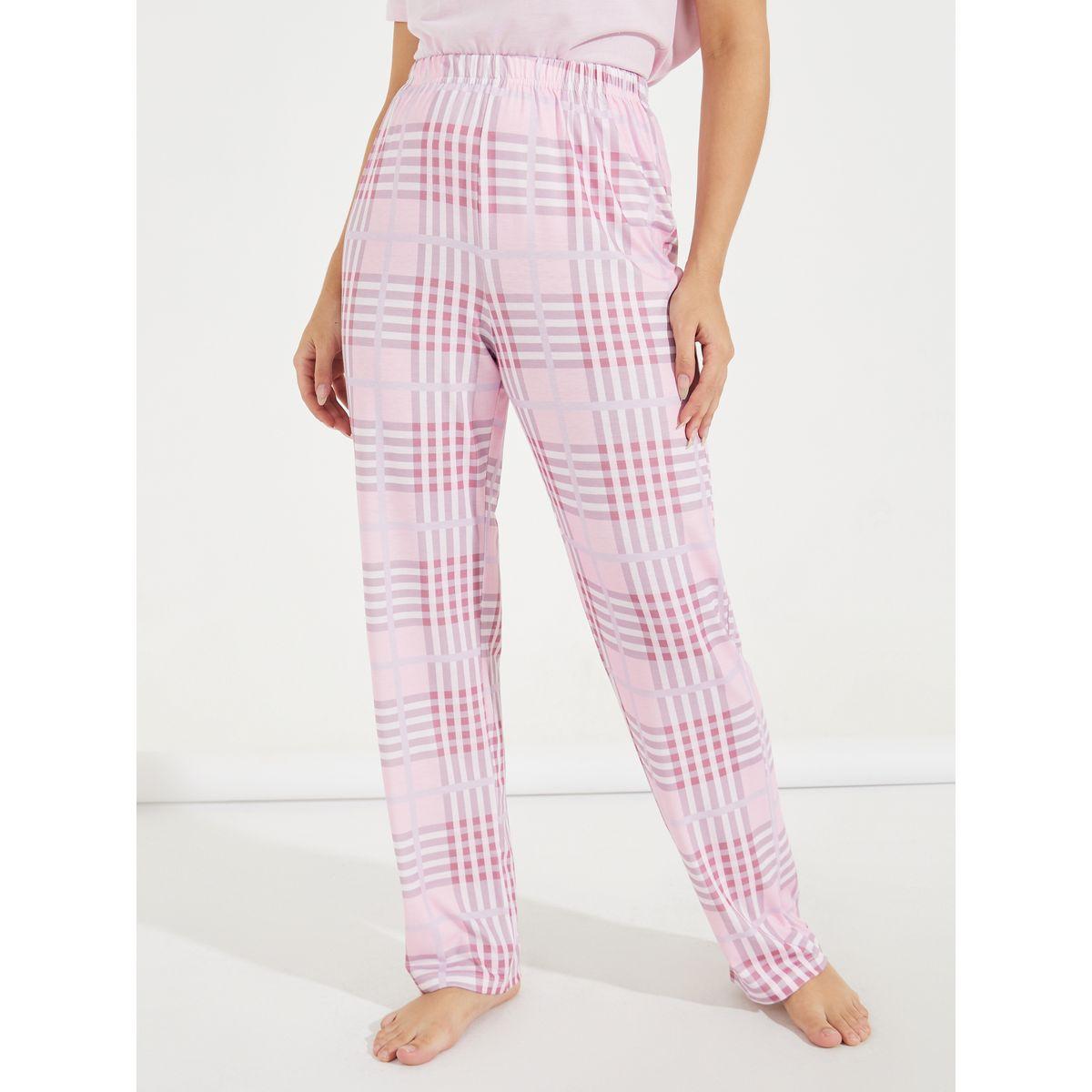 Styli Unwind Solid Placket T-Shirt & Pastel Check Pyjama Set-women-clothing-nightwear-pyjamas-longsets-image-5