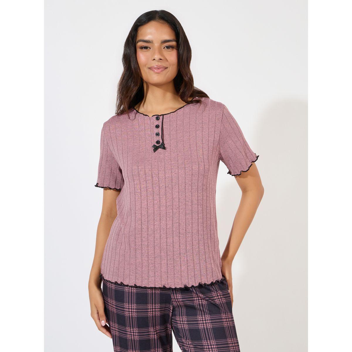 Styli Unwind Rib Contrast Edge Placket T-Shirt & Check Pyjama Set-women-clothing-nightwear-pyjamas-longsets-image-3
