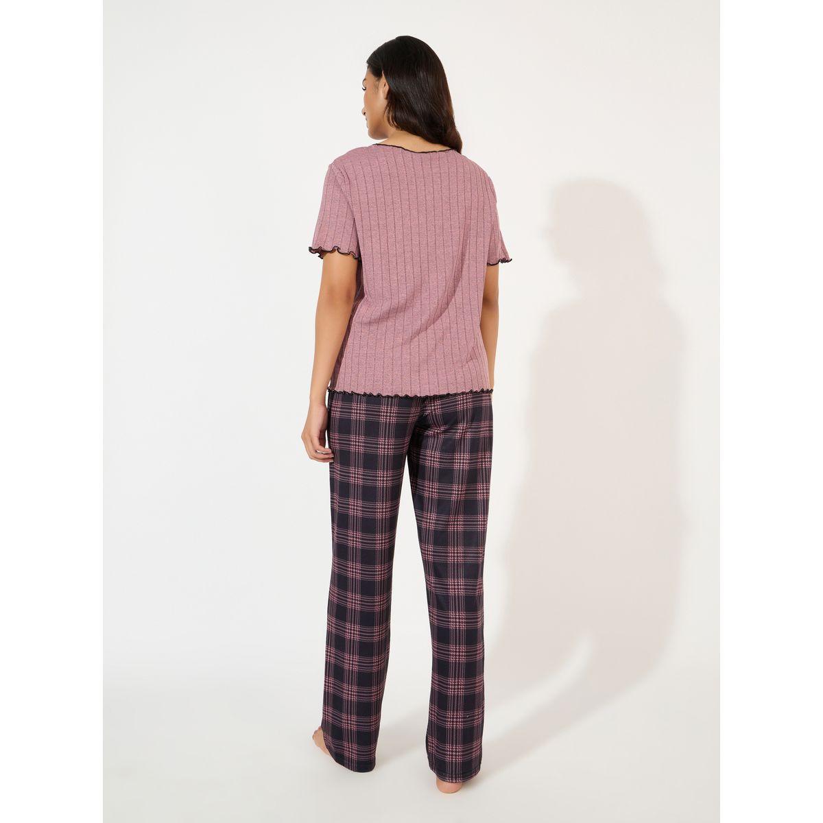 Styli Unwind Rib Contrast Edge Placket T-Shirt & Check Pyjama Set-women-clothing-nightwear-pyjamas-longsets-image-5