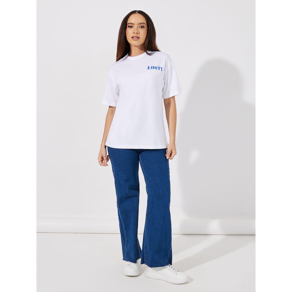تي شيرت بطبعة شعار كبير الحجم وأكمام قصيرة-women-clothing-tshirts-image-2
