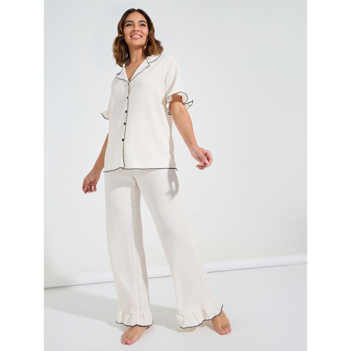 Styli Unwind Rib Contrast Edge Ruffle Sleeve Shirt & Pyjama Set-women-clothing-nightwear-pyjamas-longsets-image-1