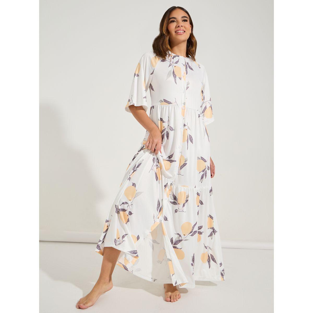 Styli Unwind Lemon Print Tiered Flute Sleeve Maxi Night Dress-women-clothing-nightwear-nighties-image-1