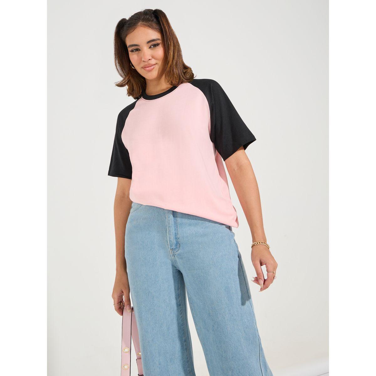 Styli Oversized Color Block T-Shirt with Raglan Sleeves-women-clothing-tshirts-image-1