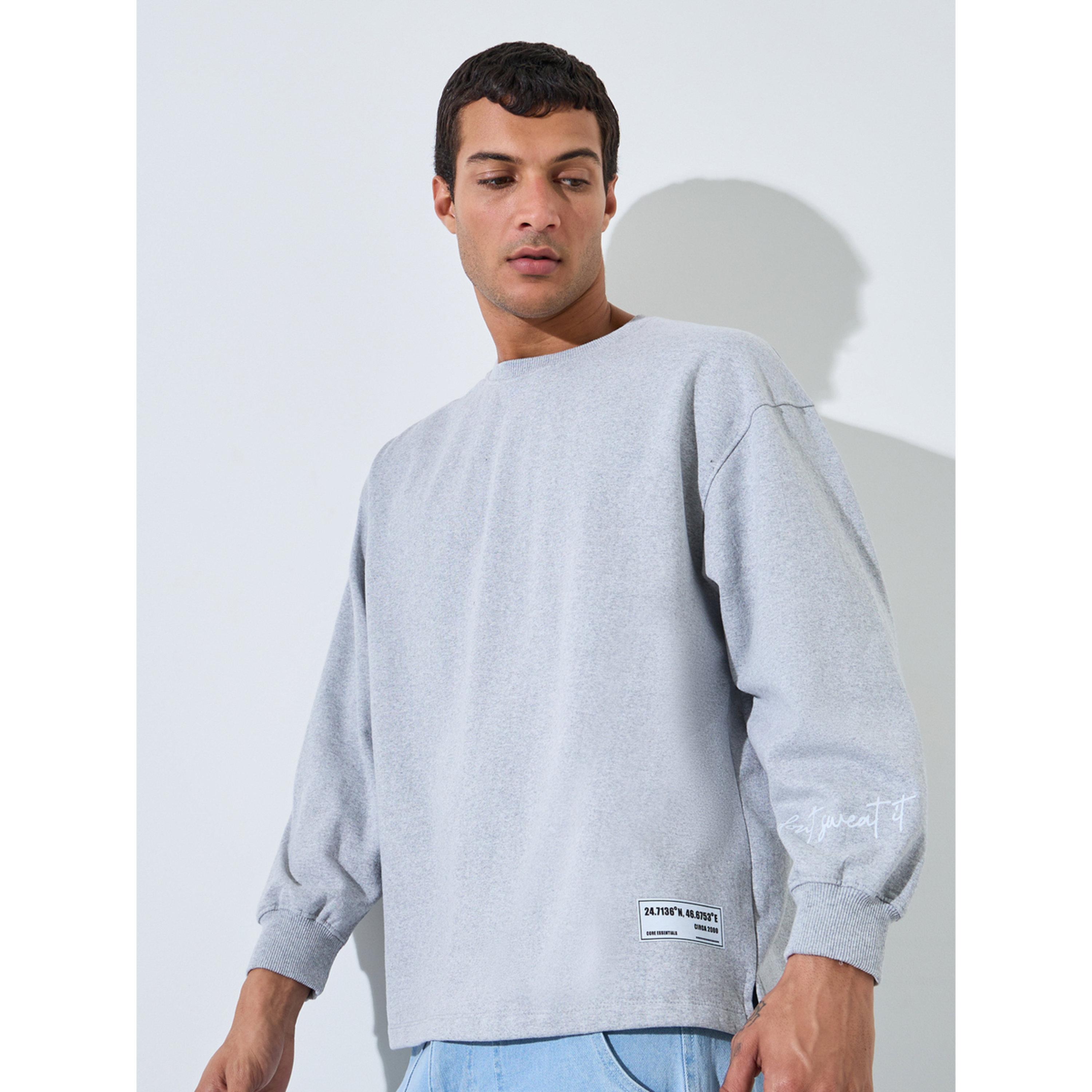 Styli Grey Slogan Print Longline Boxy Sweatshirt with Slide Slit-men-winterwear-hoodiesandsweatshirts-image-1