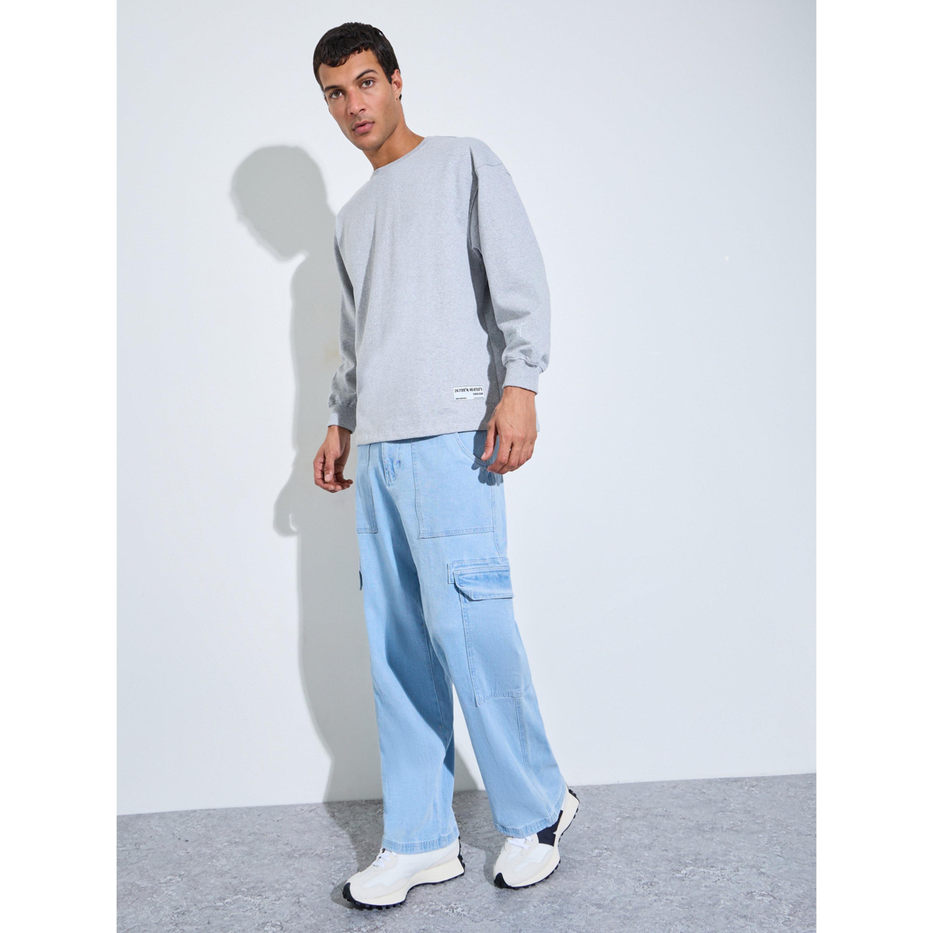 Styli Grey Slogan Print Longline Boxy Sweatshirt with Slide Slit-men-winterwear-hoodiesandsweatshirts-image-2