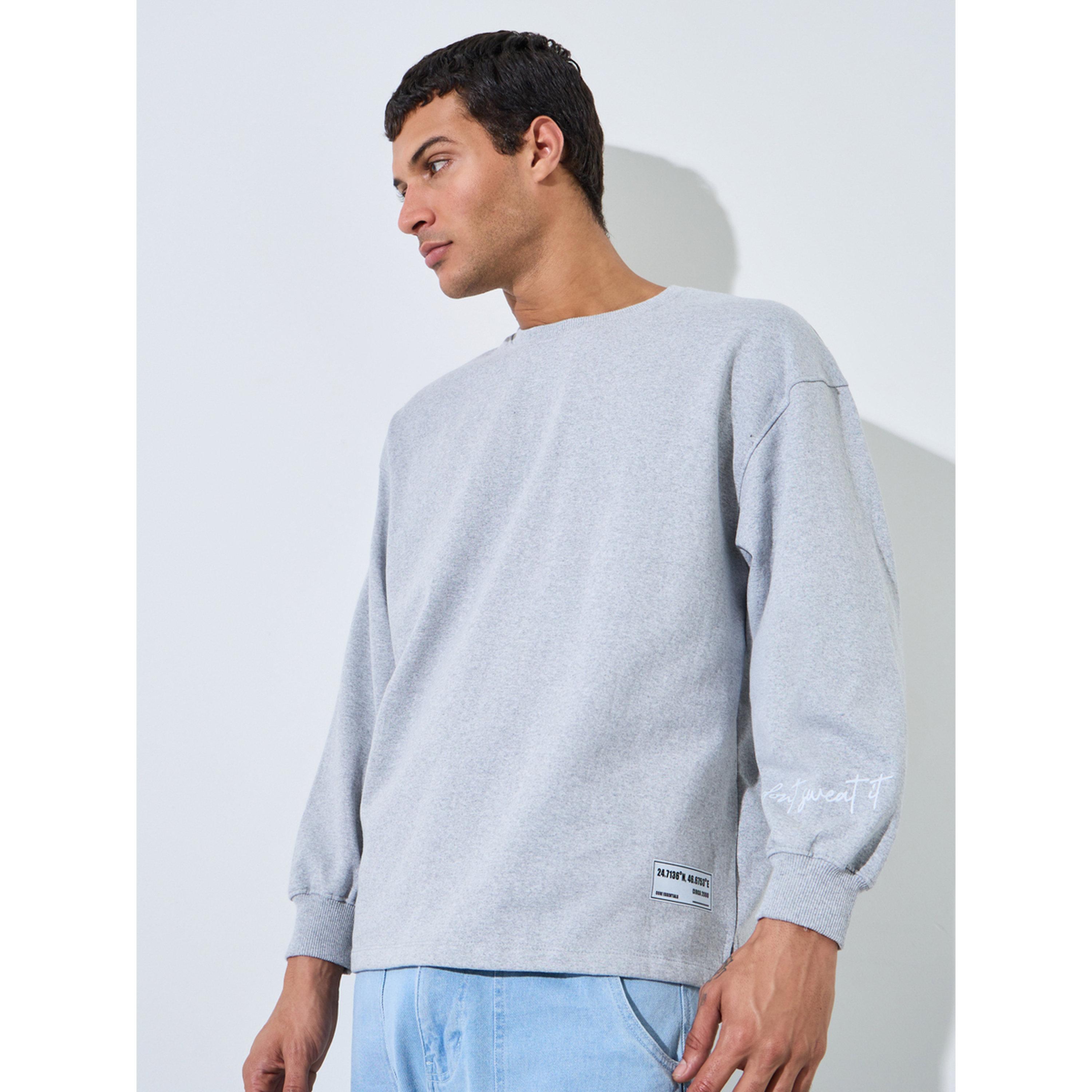 Styli Grey Slogan Print Longline Boxy Sweatshirt with Slide Slit-men-winterwear-hoodiesandsweatshirts-image-3