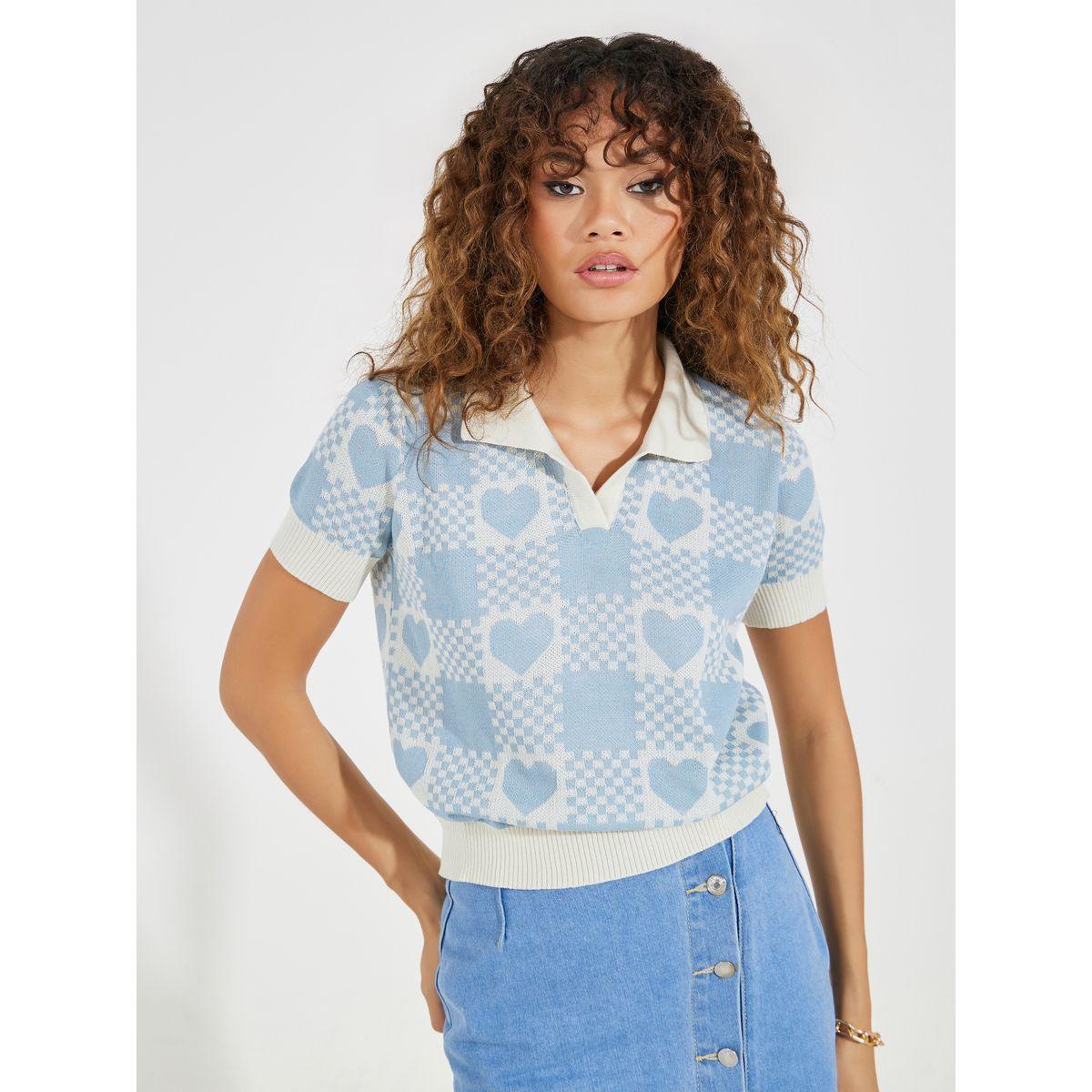 Styli Heart Pattern Knit Polo T-Shirt with Cuffed Hem-women-clothing-tshirts-image-1