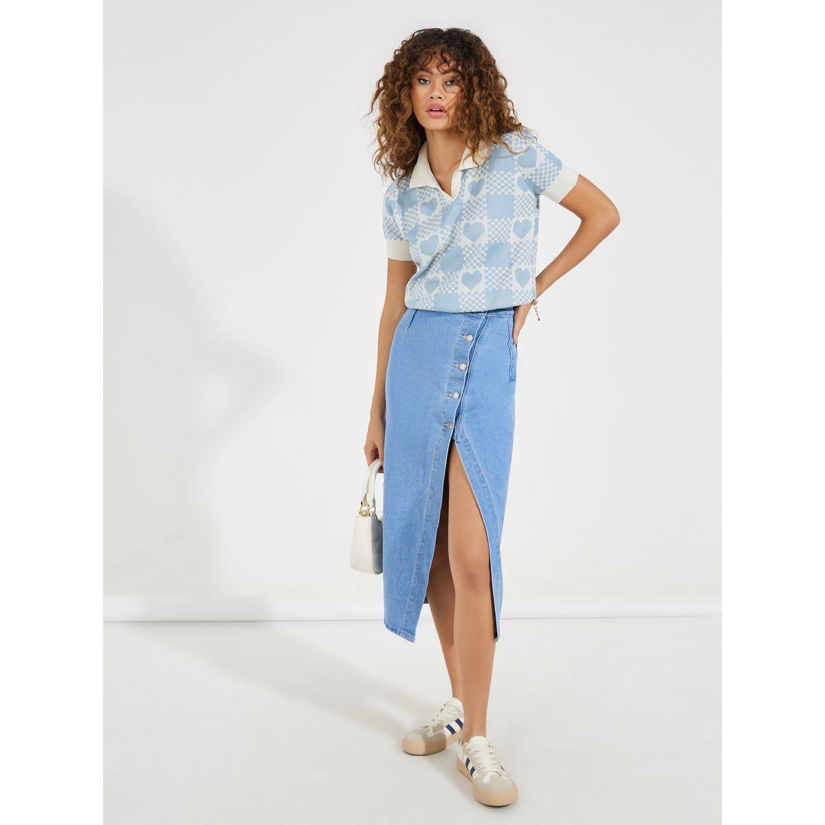 Styli Heart Pattern Knit Polo T-Shirt with Cuffed Hem-women-clothing-tshirts-image-2