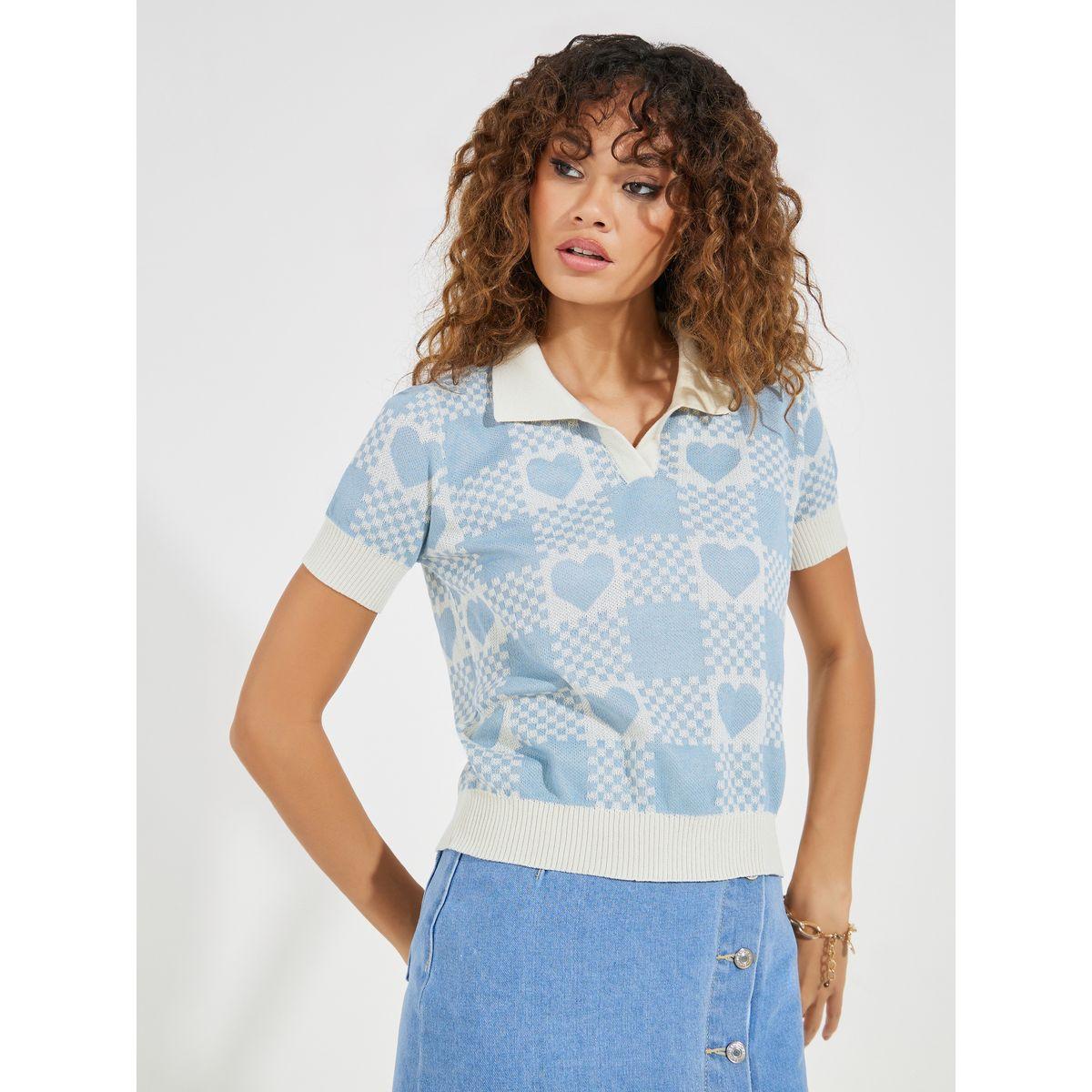 Styli Heart Pattern Knit Polo T-Shirt with Cuffed Hem-women-clothing-tshirts-image-3